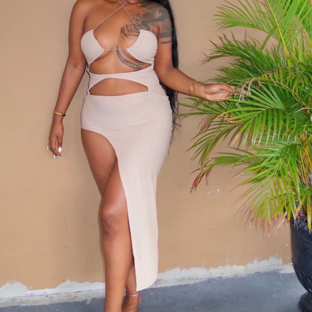 Tan Cutout Front Split Maxi Dress w/ Skinny Straps